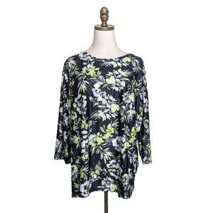 LOGO Layers by Lori Goldstein Printed Eyelet Top Plus Size 1X Black Lime Green